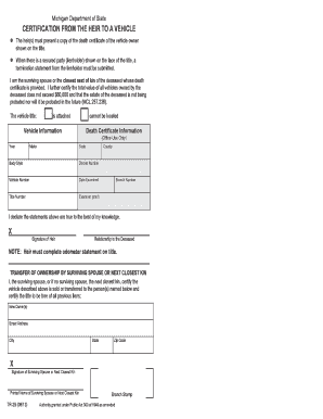 Michigan Vehicle Transfer by Heir Certification