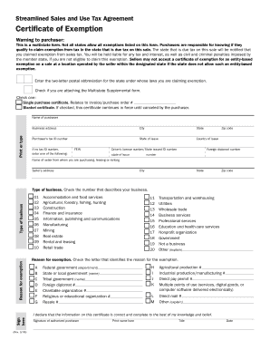 Streamlined Sales and Use Tax Agreement Certificate of Exemption
