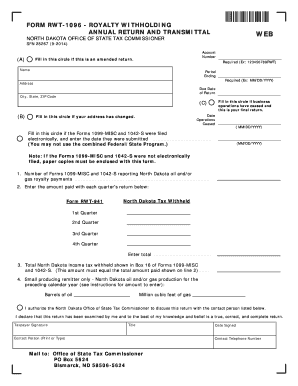 North Dakota Form RWT-1096 - Royalty Withholding Annual Return