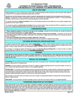Statement of Exigent/Special Family Circumstances for Minor Passport