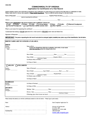 Virginia Vital Record Certification Application