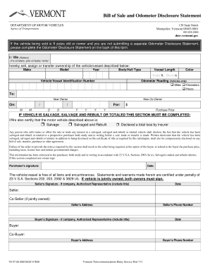 Vermont Bill of Sale and Odometer Disclosure Statement