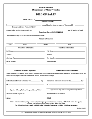 Nebraska Motor Vehicle Bill of Sale