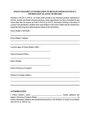 Oklahoma Insurance Policy Release Authorization