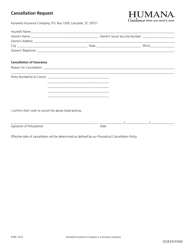 Humana Cancellation Form - hamiltoncountyohio Preview on Page 1