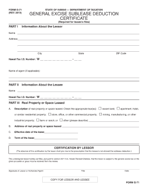 Hawaii General Excise Sublease Deduction Certificate