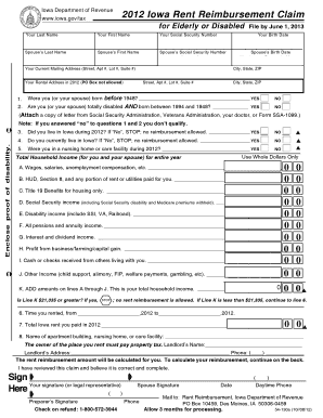 2012 Iowa Rent Reimbursement Claim for Elderly or Disabled