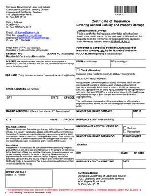 Minnesota Contractor Liability Insurance Certificate