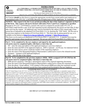 FAA Form 8060-12 Authorization for Release of DOT Drug and Alcohol Testing Records