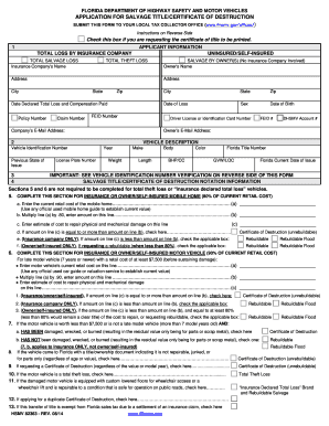 Florida Salvage Title/Certificate of Destruction Application