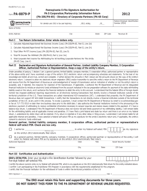 Pennsylvania E-File Signature Authorization for PA-8879-P