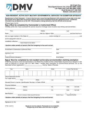 Nevada Non-Resident Military Tax Exemption Affidavit