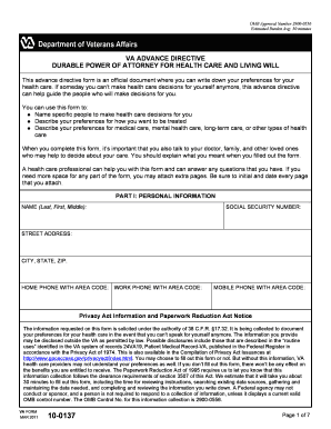 VA Advance Directive Durable Power of Attorney for Health Care and Living Will
