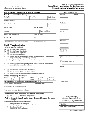 USCIS Form N-565 Application for Replacement