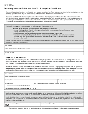 Texas Agricultural Sales and Use Tax Exemption Certificate