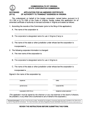 Virginia Amended Certificate of Authority Application