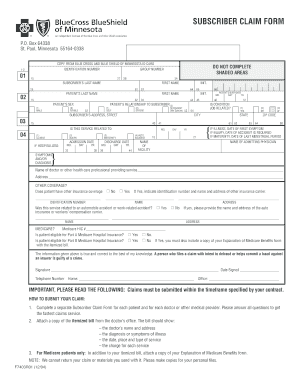 Blue Cross and Blue Shield Subscriber Claim Form