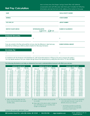 Oregon Savings Growth Plan Net Pay Calculation Form