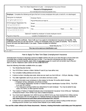 New York State Unemployment Insurance Record of Employment