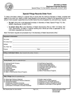 California Special Filings Records Order Form