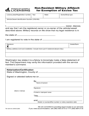 Fillable Online dol wa Non-Resident Military Affidavit for Exemption of ...