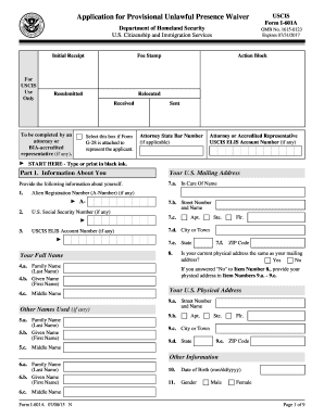 USCIS Form I-601A Application for Provisional Unlawful Presence Waiver