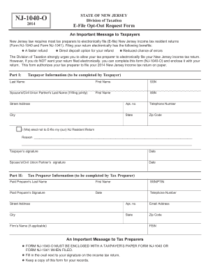 New Jersey NJ-1040-O E-File Opt-Out Request Form