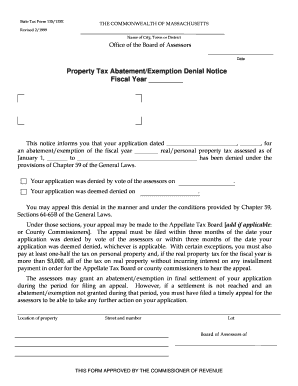 Massachusetts Property Tax Abatement/Exemption Denial Notice