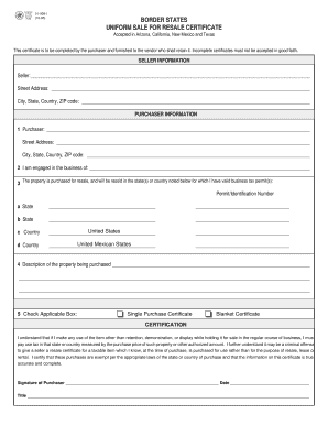 Border States Uniform Sale for Resale Certificate