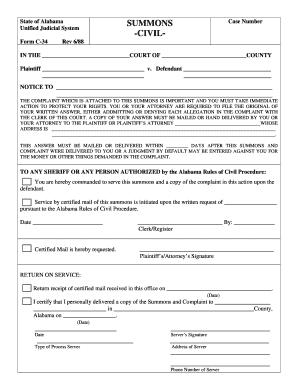 Alabama Civil Summons Form C-34
