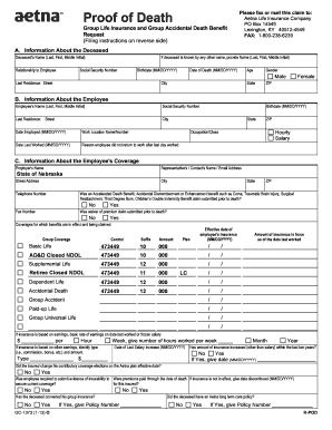 Aetna Life Insurance Proof of Death Claim Form