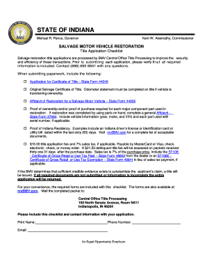 Indiana Salvage Motor Vehicle Restoration Title Application