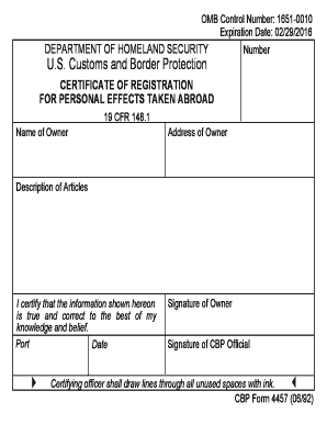 Certificate of Registration for Personal Effects Taken Abroad