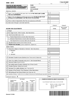 2009-2010 Delaware Non-Resident Withholding Form W-4NR
