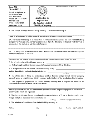 Texas Form 304 - Foreign LLC Registration