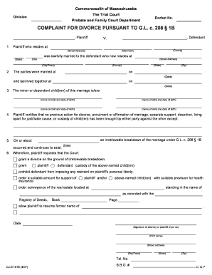 Massachusetts Divorce Complaint Form