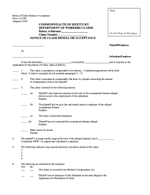 Kentucky Workers Claim Denial or Acceptance Form