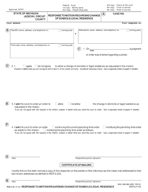 Response to Motion Regarding Change of Domicile/Legal Residence