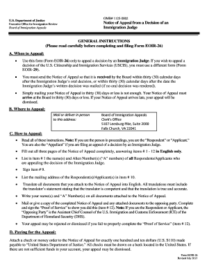 EOIR-26 Form - Notice of Appeal from Immigration Judge Decision
