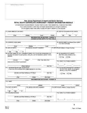 New Jersey Fetal Death Certificate Worksheet