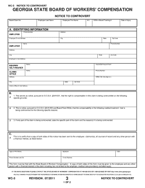 Georgia WC-3 Notice to Controvert