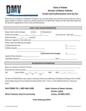 Alaska DMV Credit Card Authorization Form