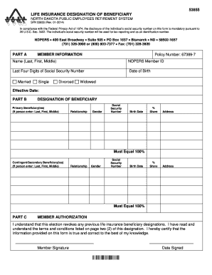 North Dakota Life Insurance Beneficiary Designation Form