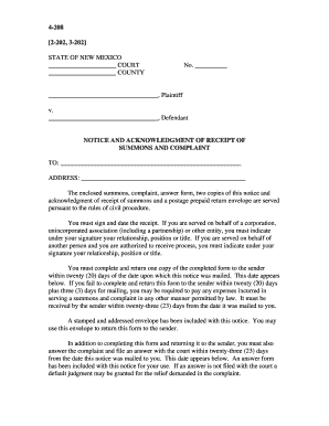 New Mexico Notice and Acknowledgment of Receipt of Summons and Complaint