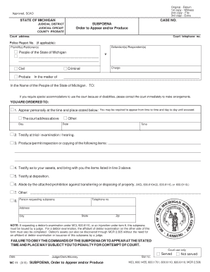 Michigan Subpoena Order to Appear and/or Produce