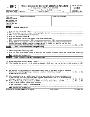 IRS Form 8840 Closer Connection Exception Statement for Aliens