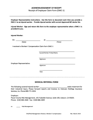 Acknowledgement of Receipt for Employee Claim Form DWC-1