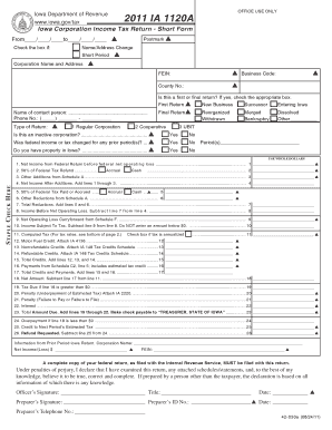 Iowa Corporation Income Tax Return - Short Form