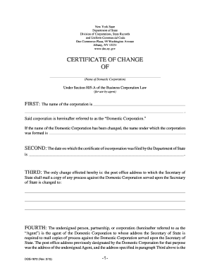 New York Certificate of Change for Agent Address
