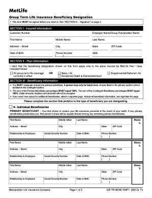 Group Term Life Insurance Beneficiary Designation